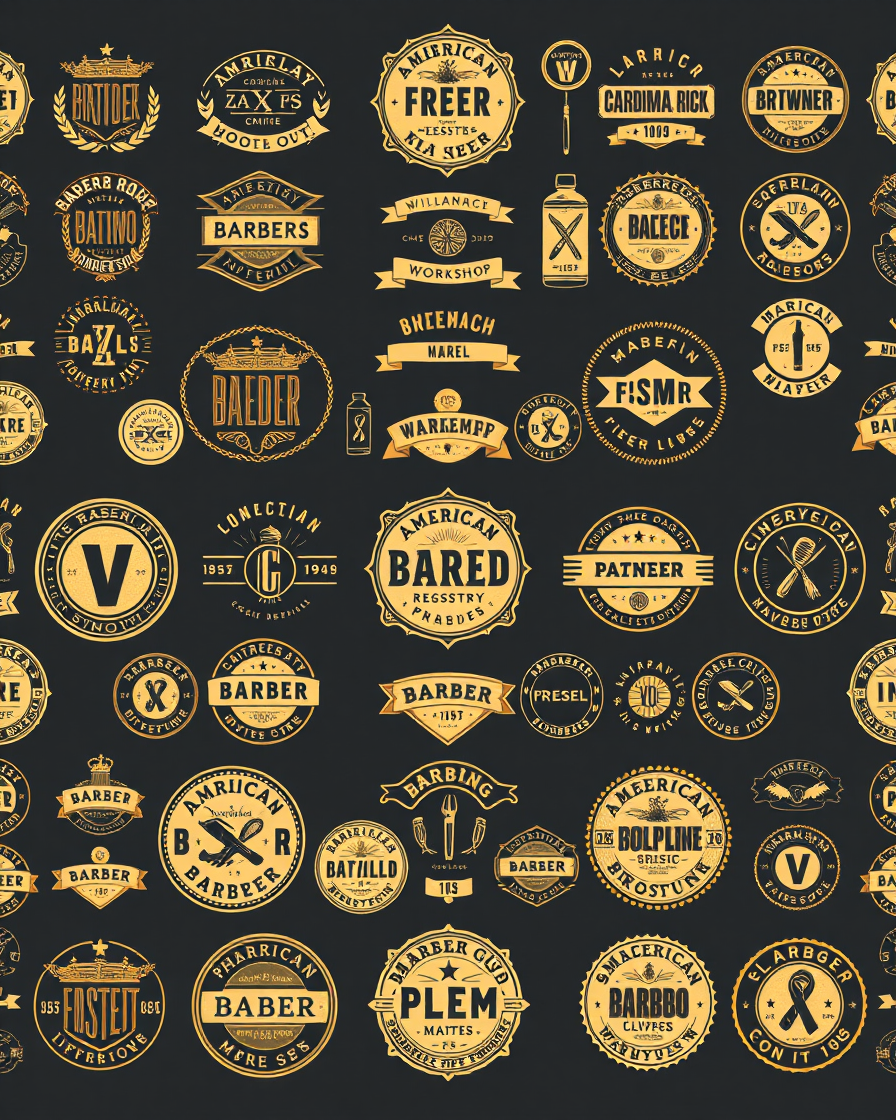 Collage of 55 American barber grooming brand emblems